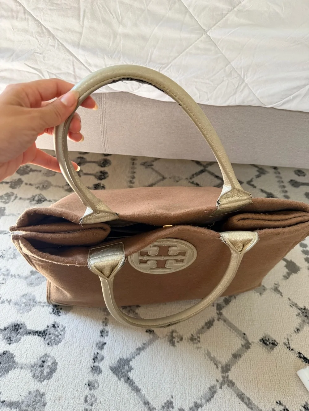 TORY BURCH Ella Brown Wool & Gold Canvas Tote Bag
